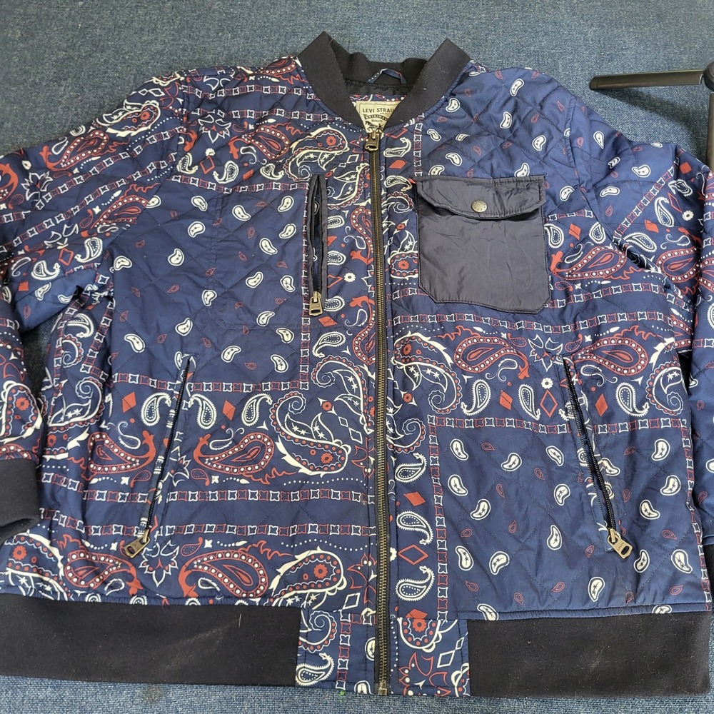 Levis Men XXL Paisley Bandana Quilted Bomber Jacket Navy Blue Full Zip Insulated